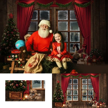 Красное окно Игрушечный медведь Рождественские Ретро-фоны для фотосъемки Декор Фон для фотосессии новорожденных Детей Занавес для фотостудии