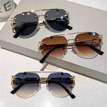 Солнцезащитные очки Cheetah Decor без оправы, винтажные градиентные солнцезащитные очки UV400 оттенков с двойной перемычкой для женщин и мужчин