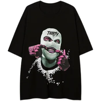 Мужская футболка в стиле хип-хоп, оверсайз, свободный пуловер с круглым вырезом и коротким рукавом, футболка 2023, летняя модная футболка с гангстерским рисунком, мужская уличная одежда