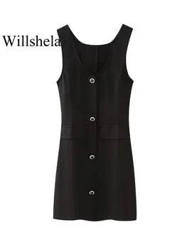 Willshela Женское модное черное однобортное мини-платье с карманами, Винтажные женские платья на бретелях с V-образным вырезом, Шикарные женские платья