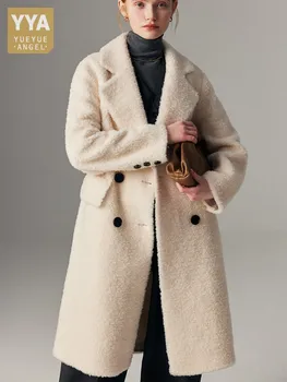 Элегантная Женская Зимняя Длинная куртка из натуральной шерсти, Офисное Женское Прямое Двубортное Шерстяное пальто, Высококачественный тренч из овечьей шерсти.